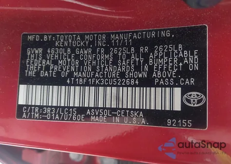 2012 Toyota Camry Se z USA, uszkodzony, nr VIN 4T1BF1FK3CU522684